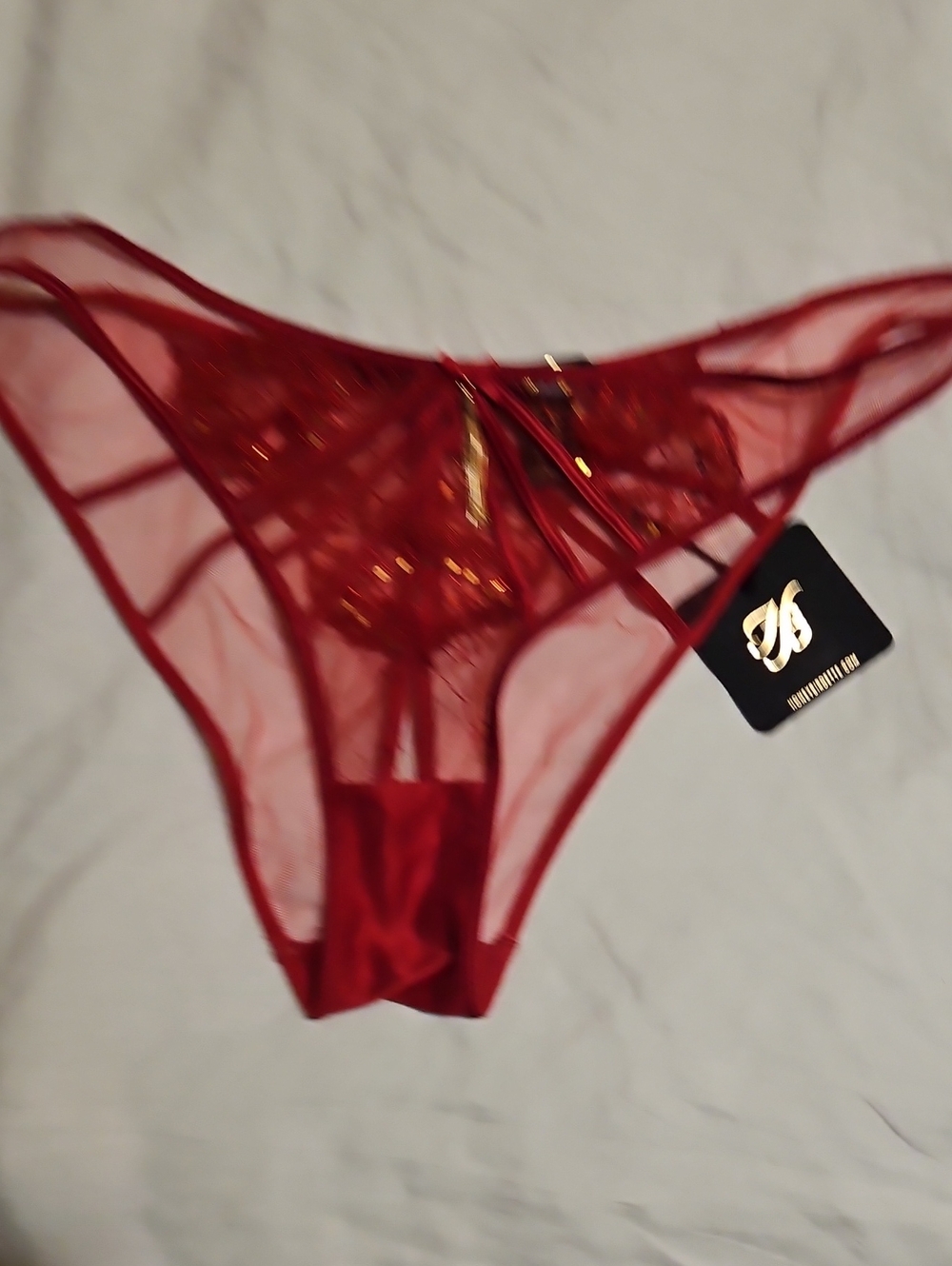 Gloria Honey Birdette - Sheer Red Lace Bikini Panty with Gold Accent -large